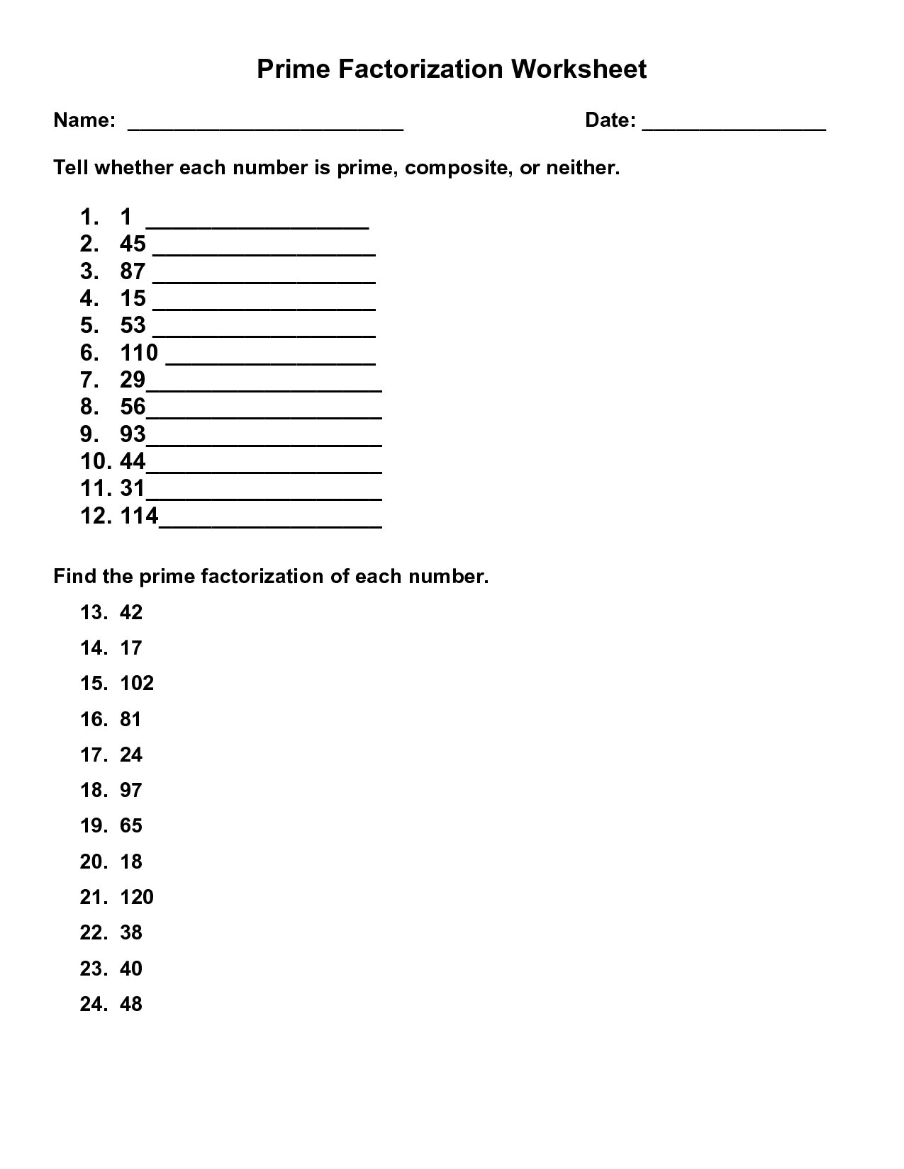 Prime Factorization Tree Worksheets