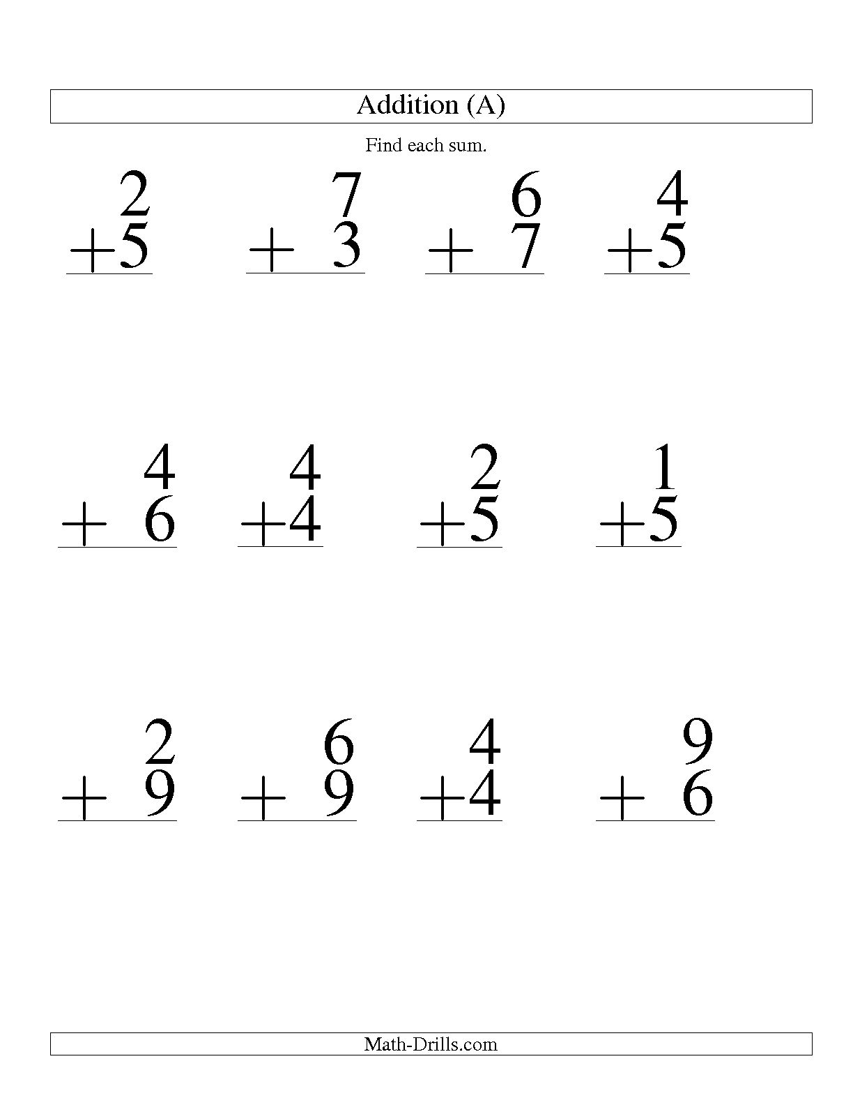 Single Digit Addition Math Worksheets Printable