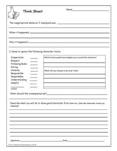 Think Sheet Behavior Worksheets