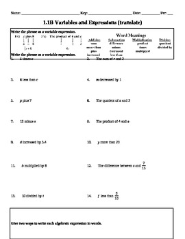 Writing Variable Expressions Worksheets