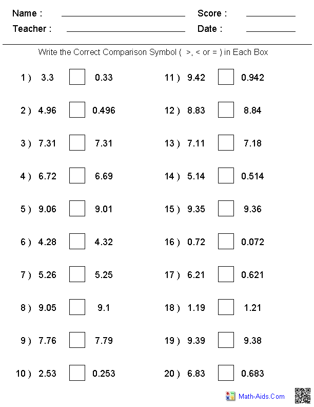 Comparing Decimals Worksheet 4th Grade