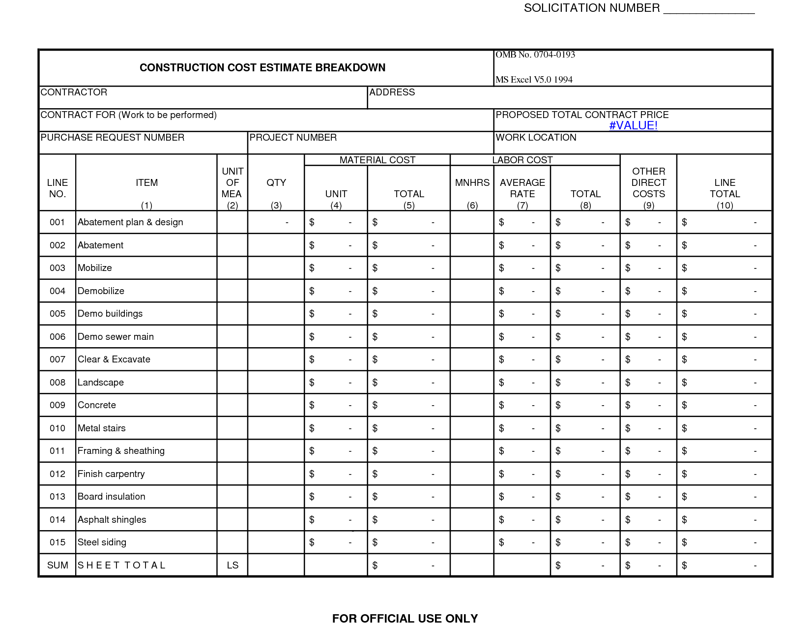 Construction Cost Estimate Template