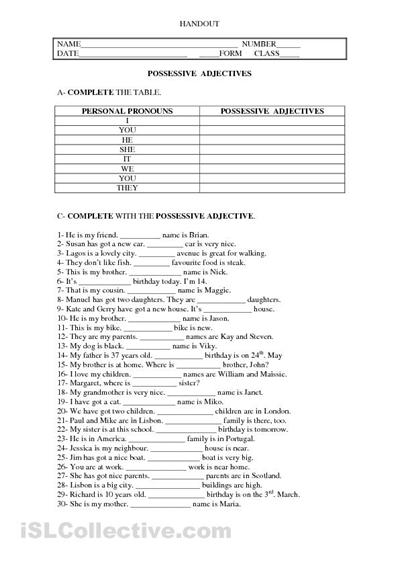 Possessive Adjectives Worksheets