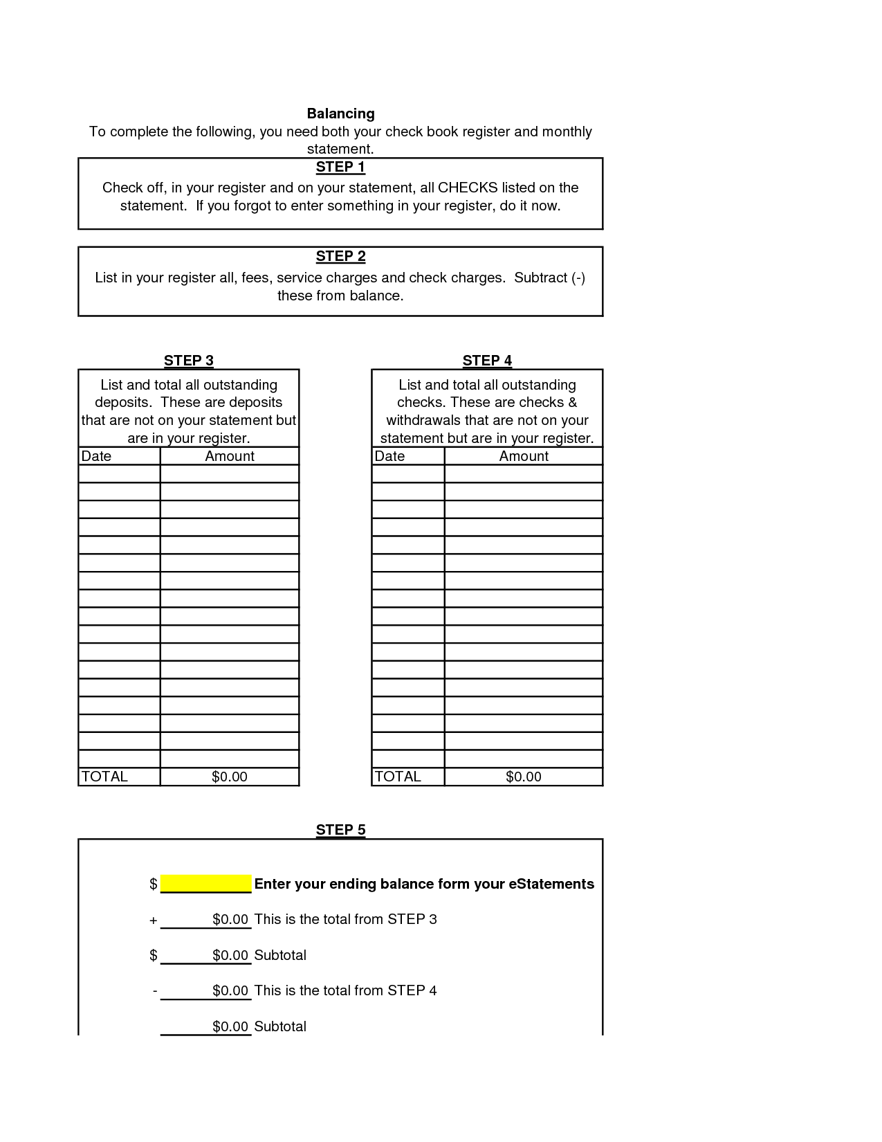 Checkbook Reconciliation Worksheet