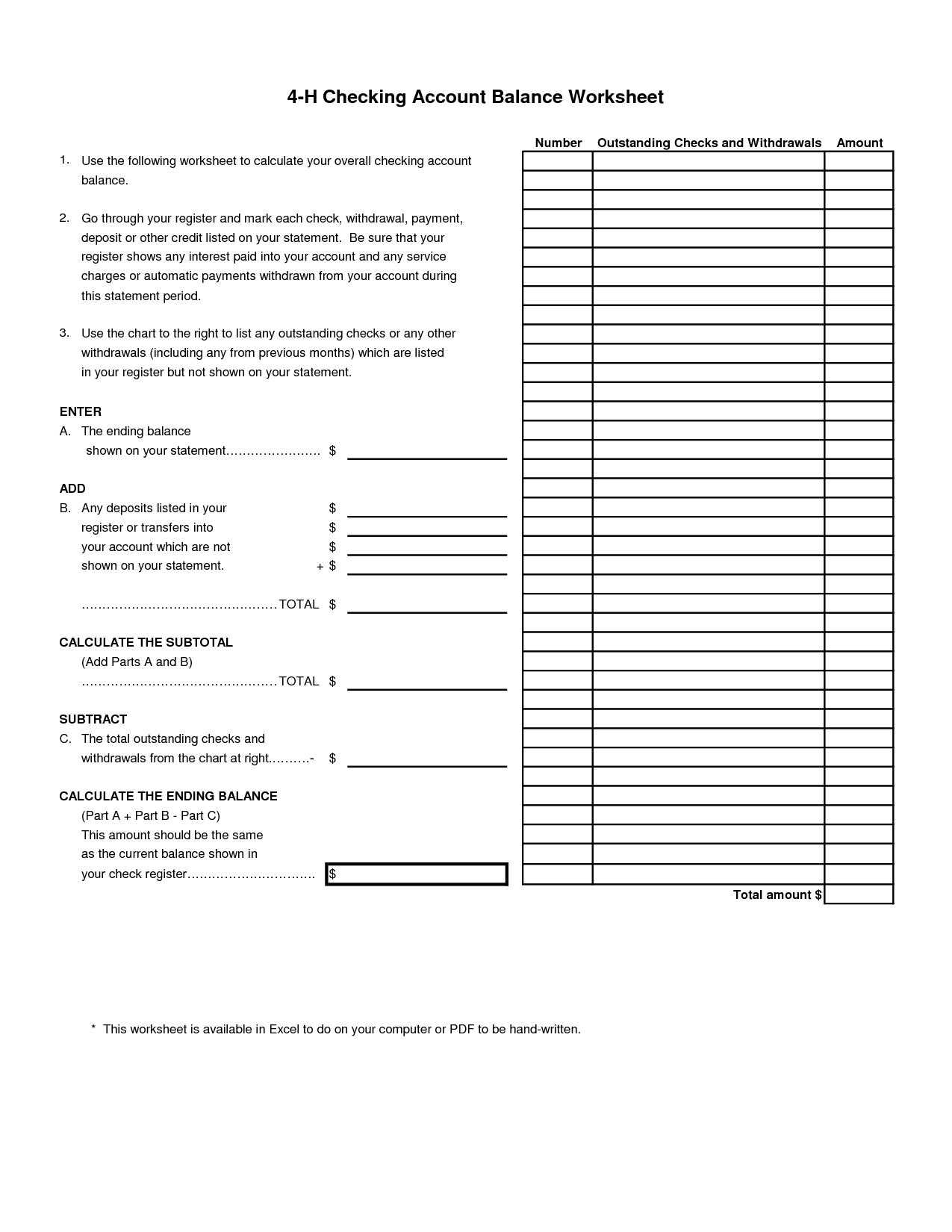 Checking Account Balance Worksheet