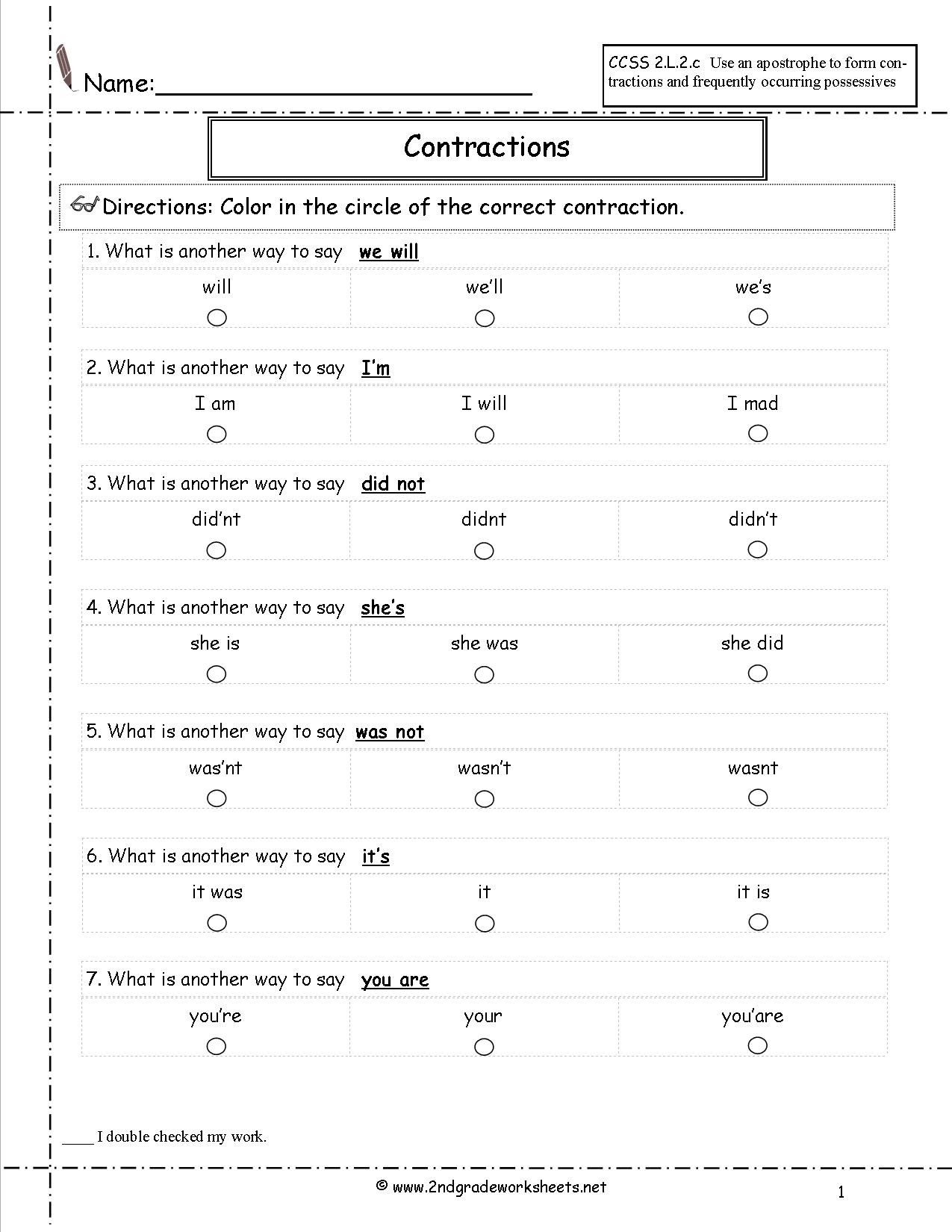 Contractions Worksheet