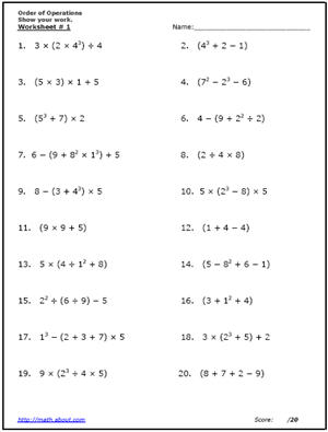 Order of Operations Worksheets 6th Grade