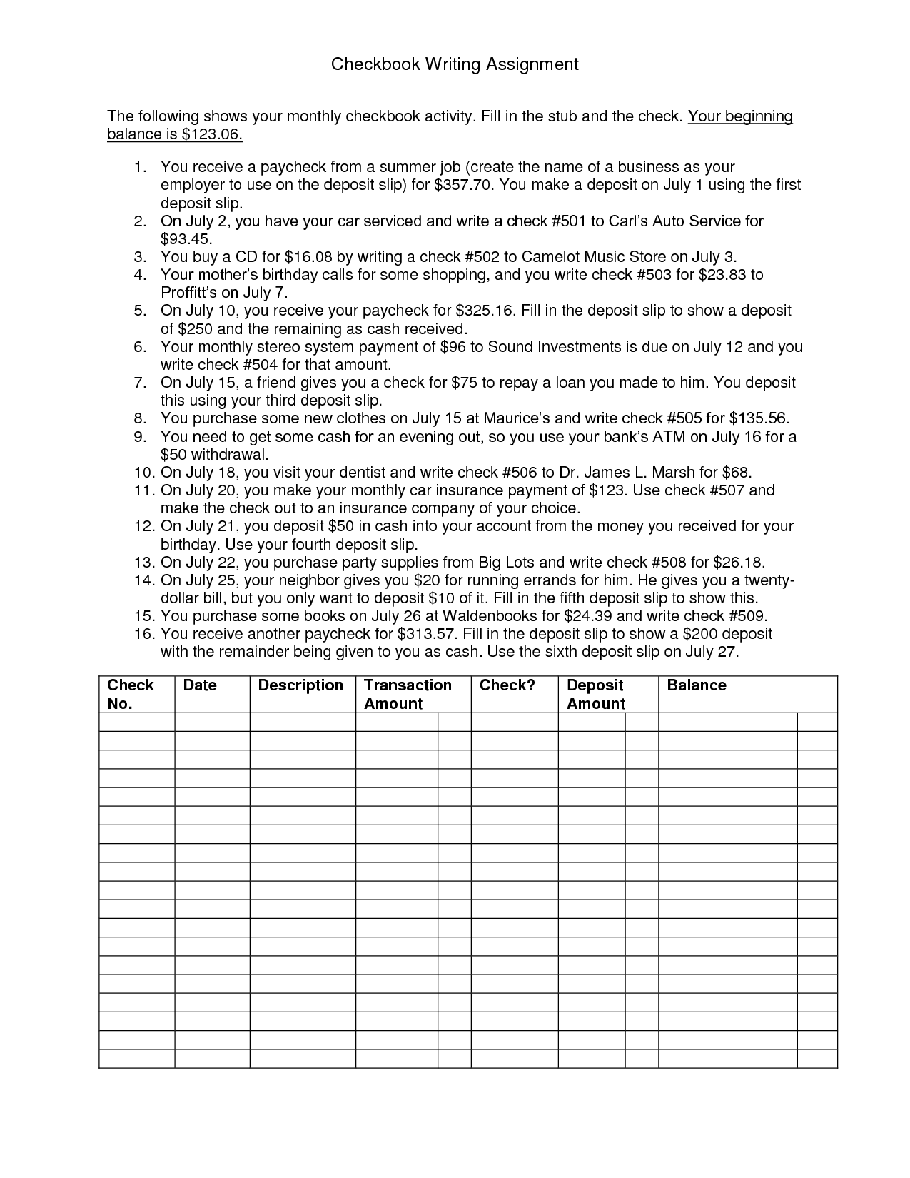 Printable Balancing Checkbook Worksheet