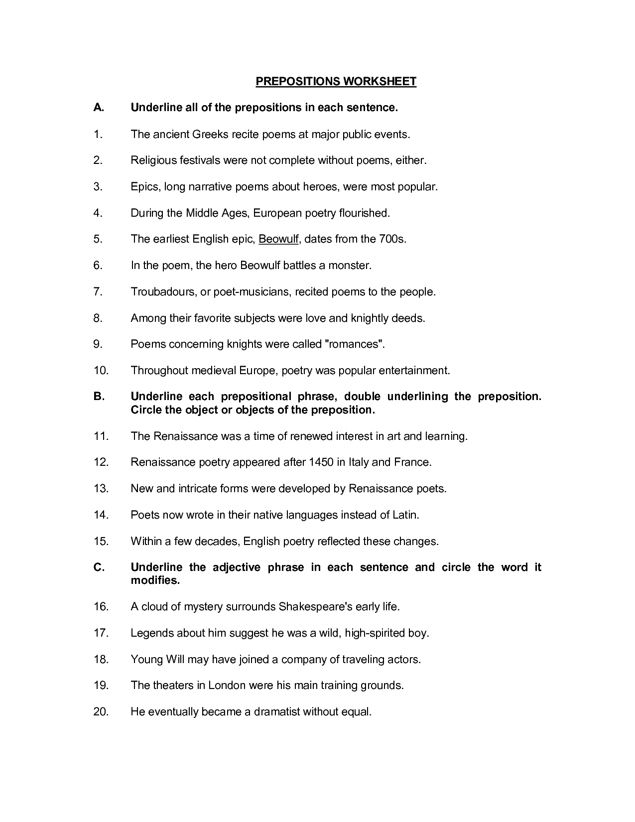 15 Preposition And Prepositional Phrases Worksheets Worksheeto