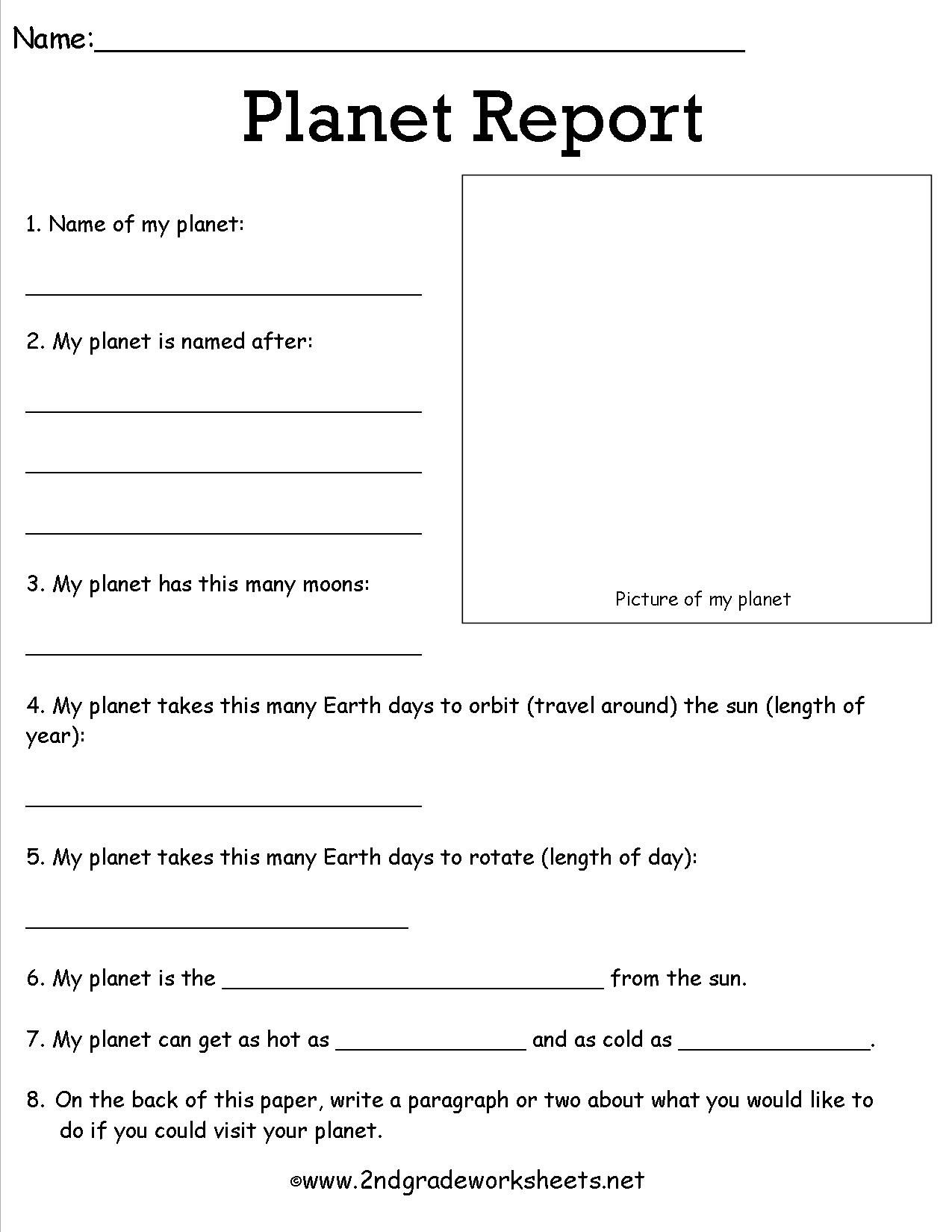 Science Worksheets Planet Report