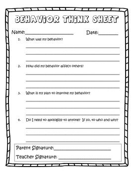 Student Behavior Reflection Sheet