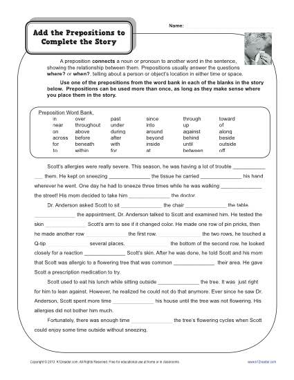 5th Grade Prepositions Worksheets