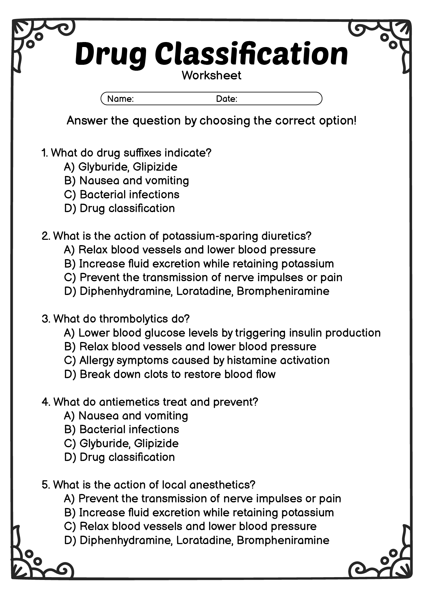 Drug Classification Worksheet