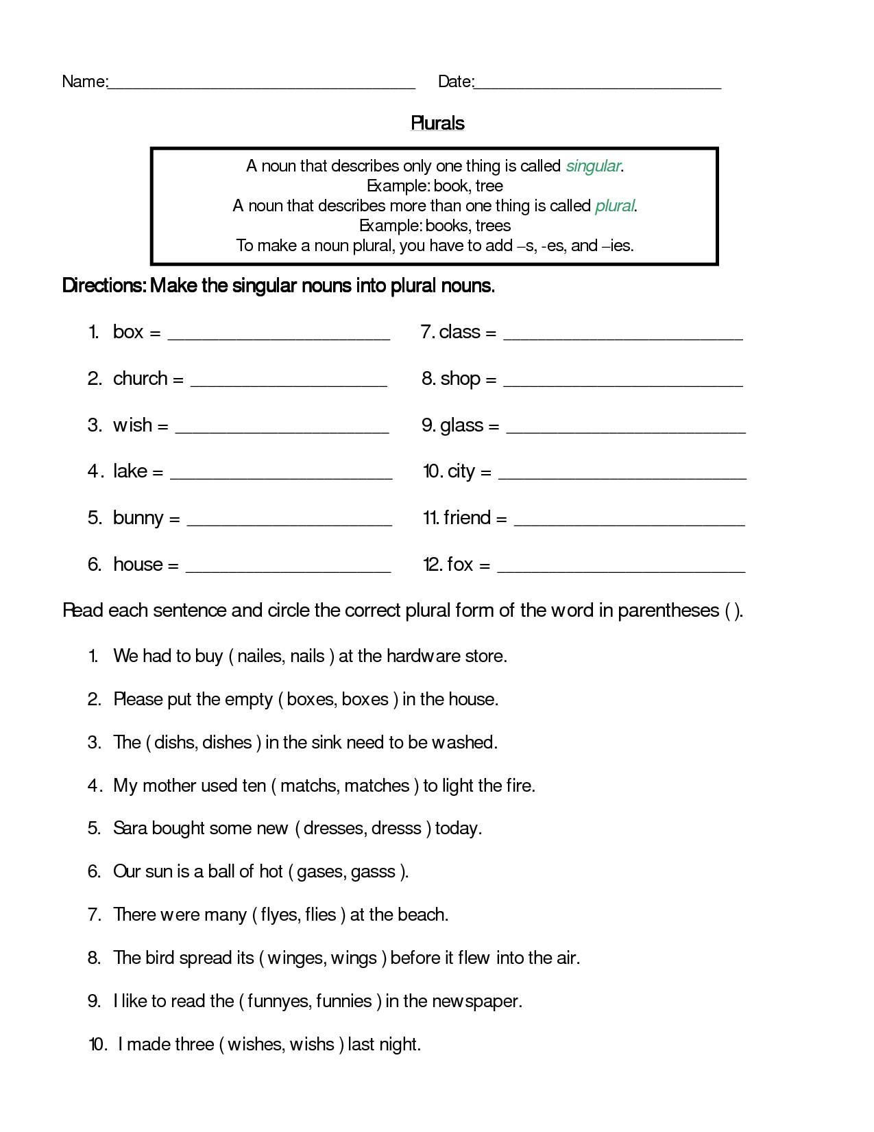 12 Regular And Irregular Plurals Worksheets Worksheeto