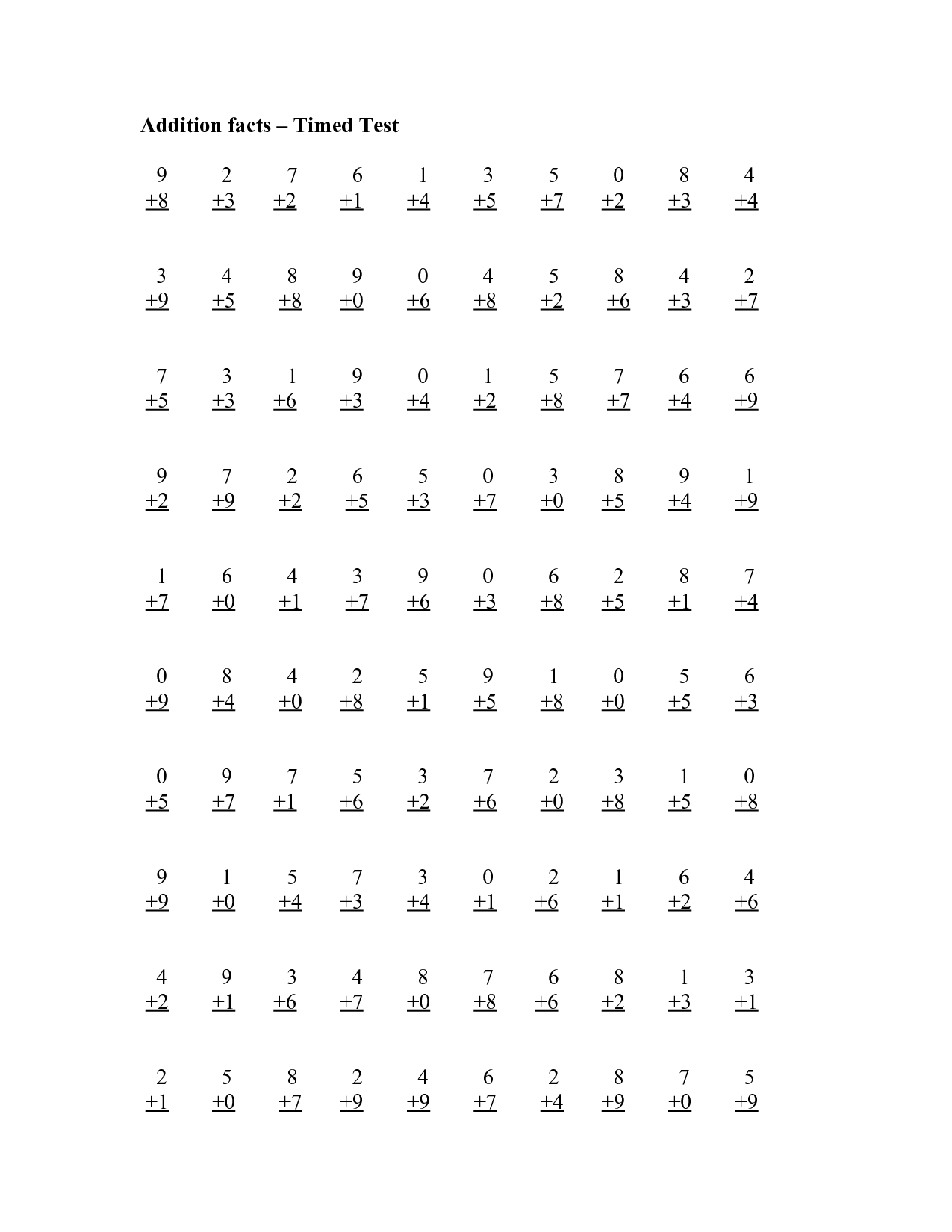 Math Addition Timed Tests Worksheets