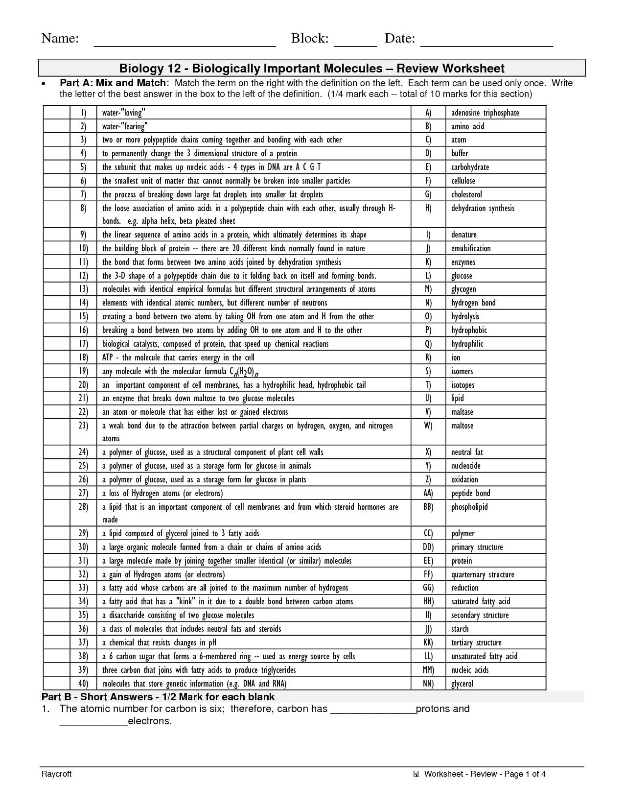 Organic Compound Worksheet Answers Biology