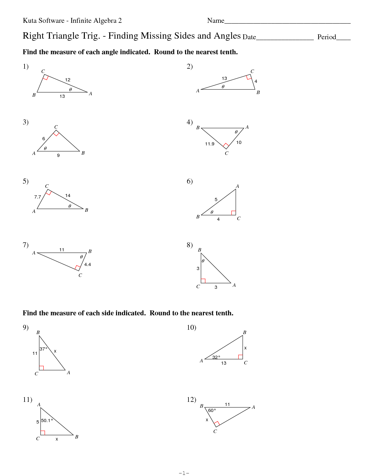 Right Triangle Trigonometry Worksheet