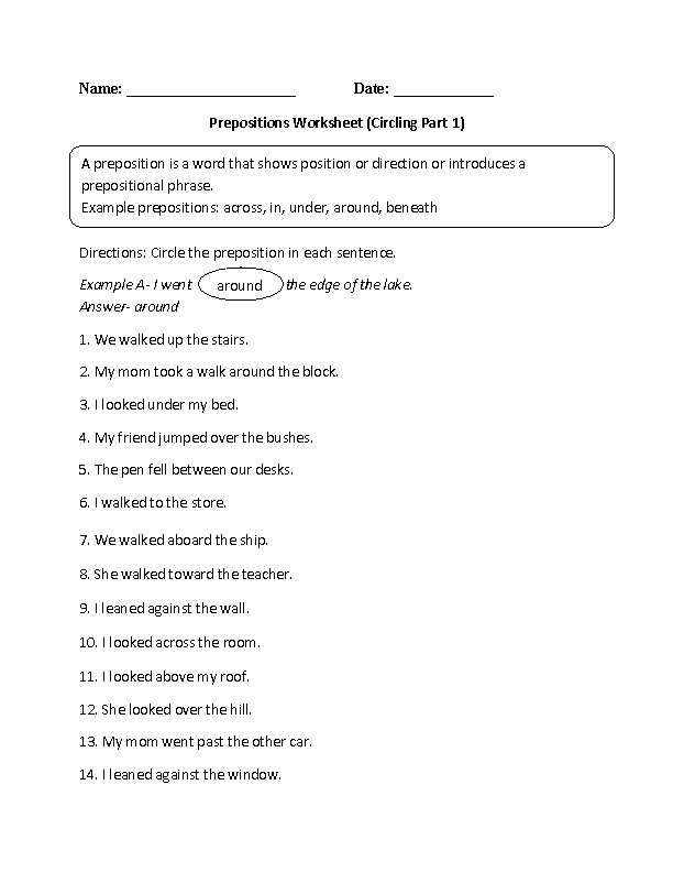 6th-Grade Prepositions Worksheets