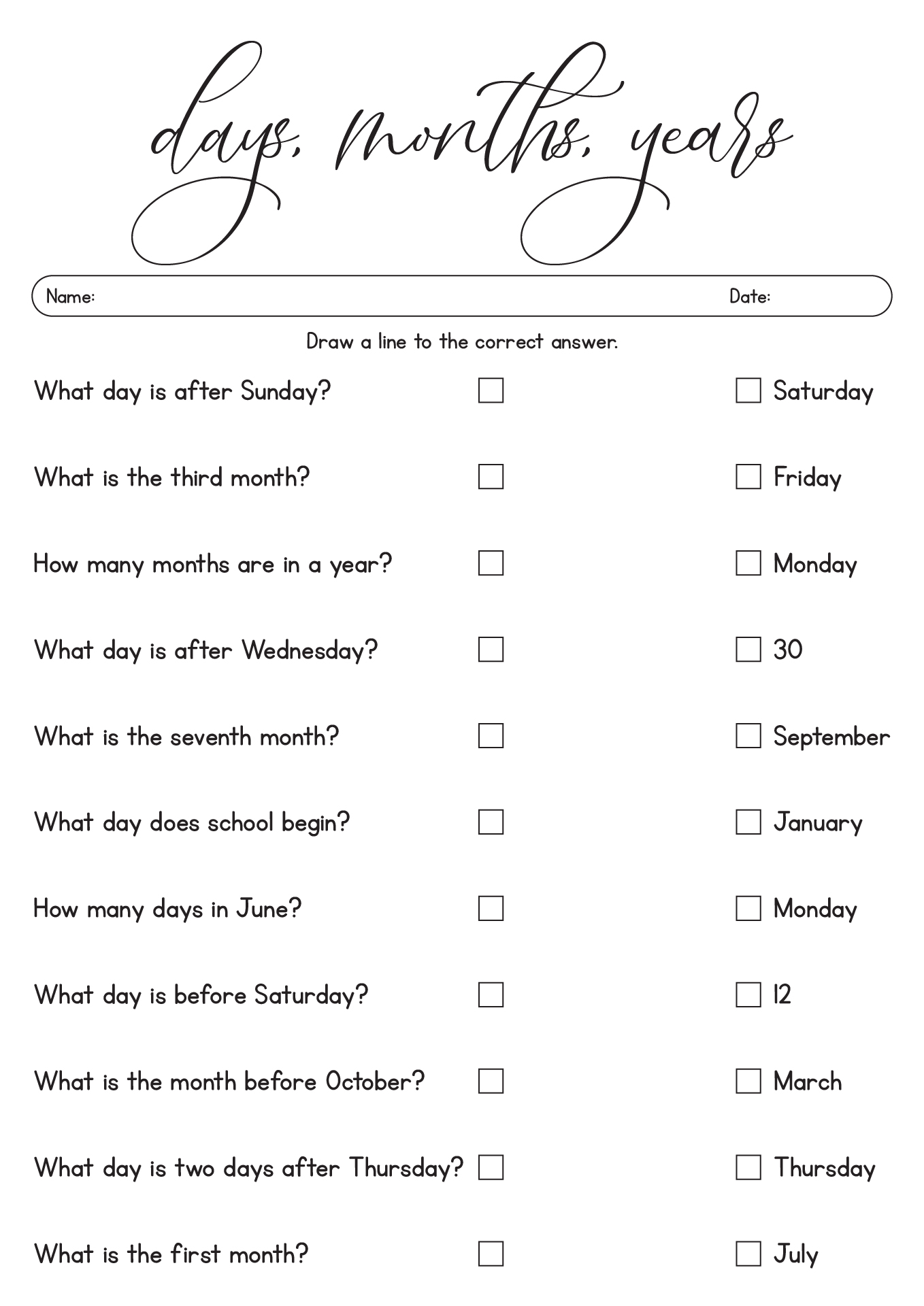 Days Months Years Worksheets