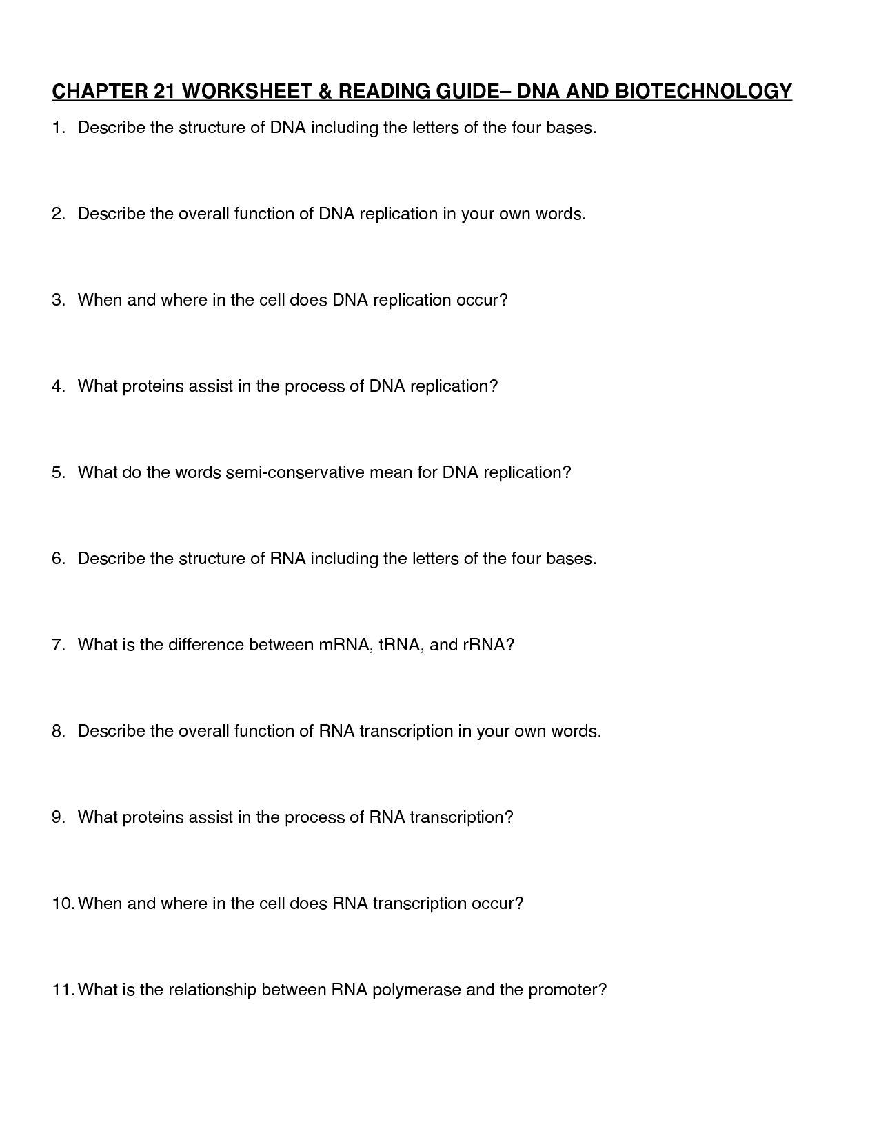 DNA Structure and Function Worksheet