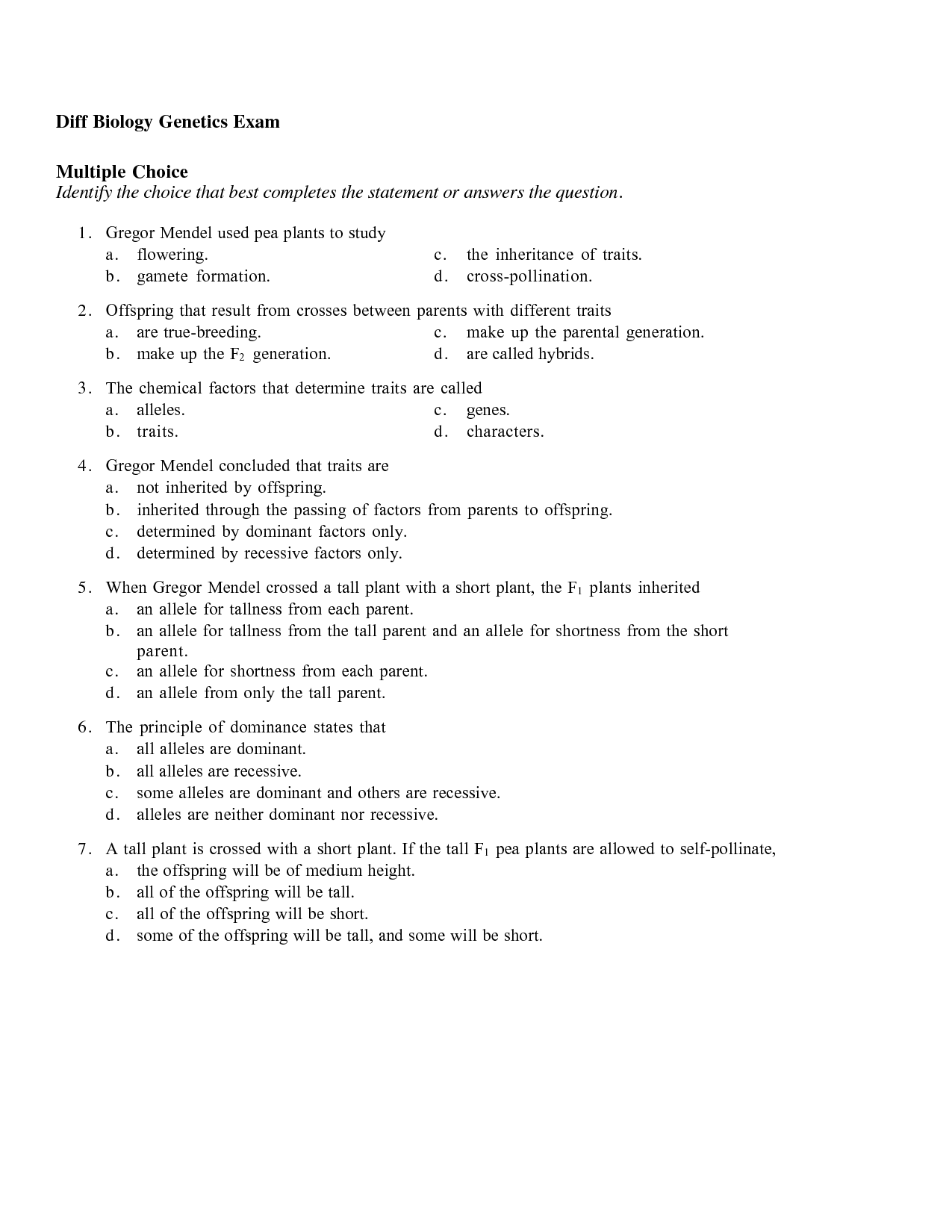 Mendelian Genetics Worksheet Biology Test Questions