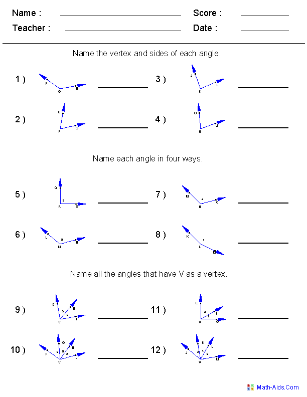 Naming Angles Worksheets