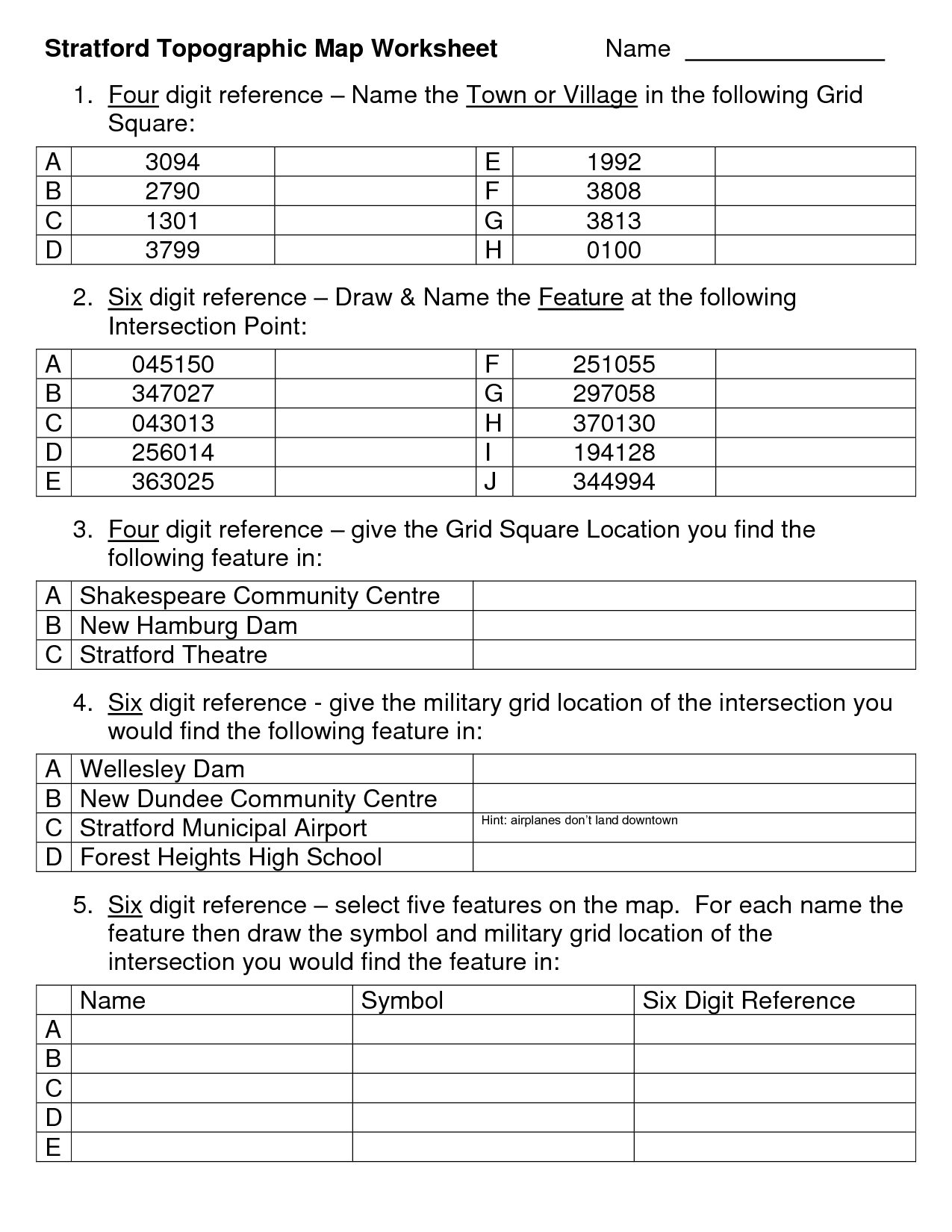 Topographic Map Worksheet Middle School