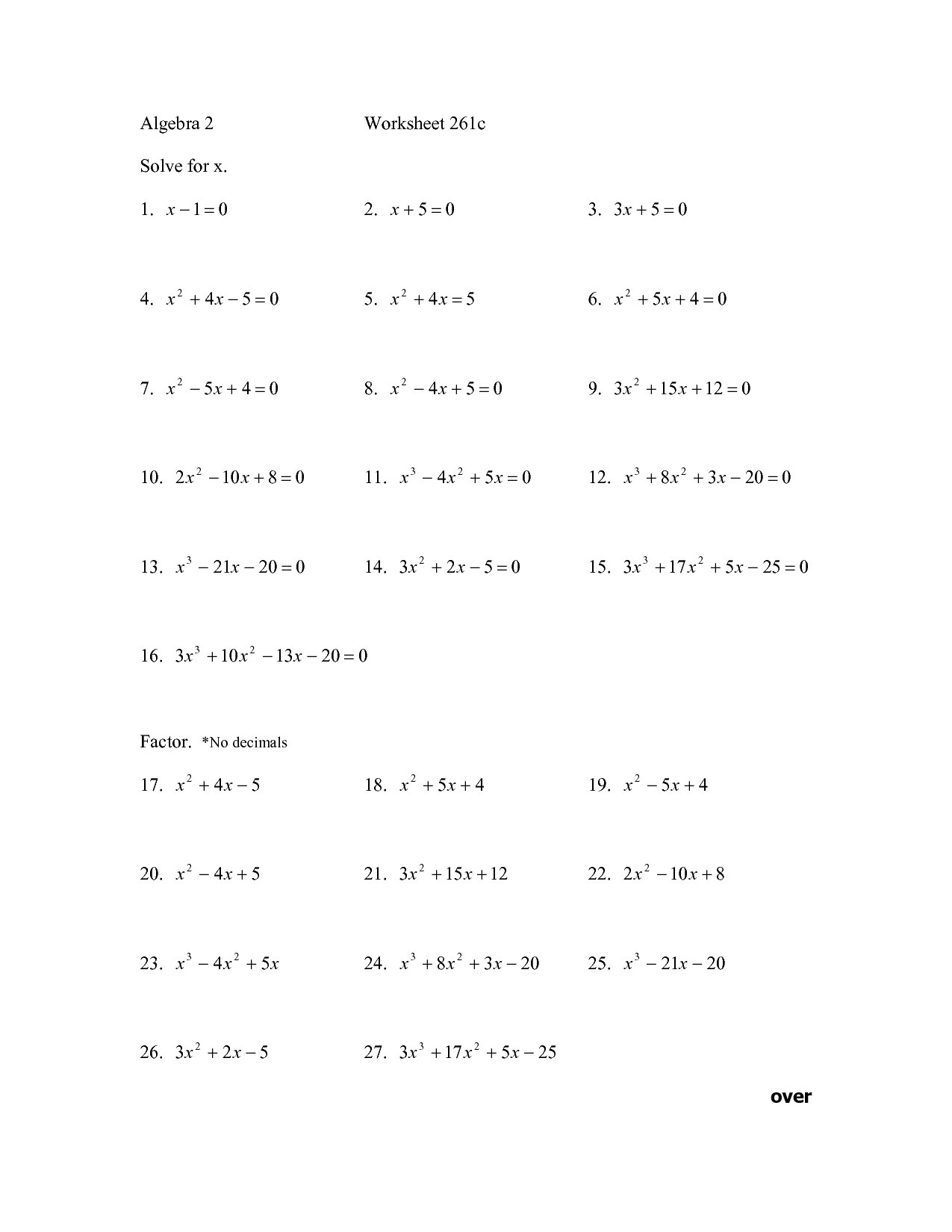 Algebra 1 Solving for X Worksheets