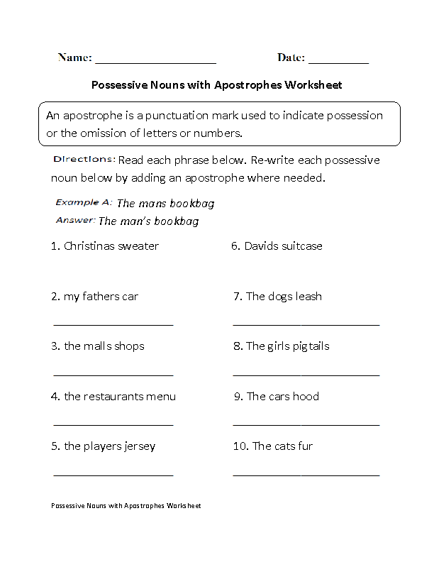 Apostrophe Possessive Noun Worksheets