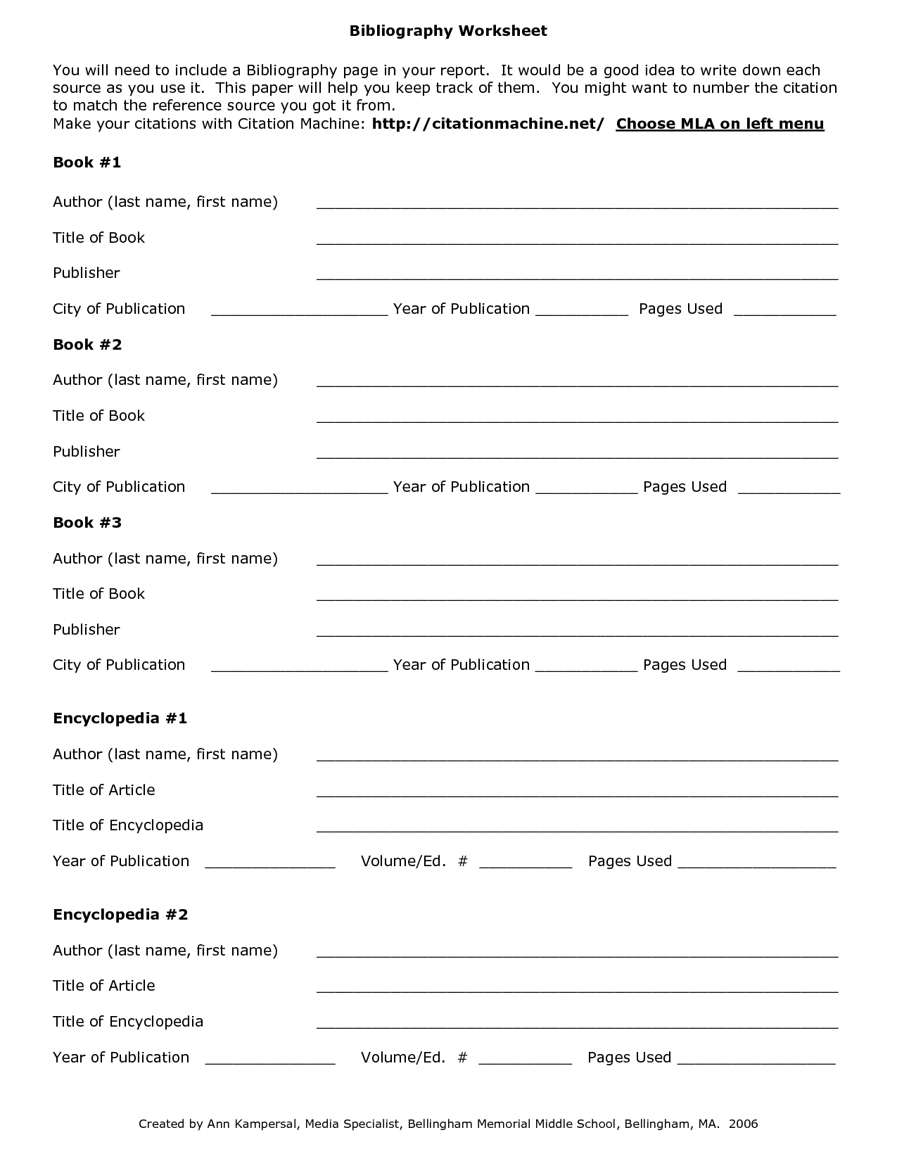 Bibliography Format Worksheet