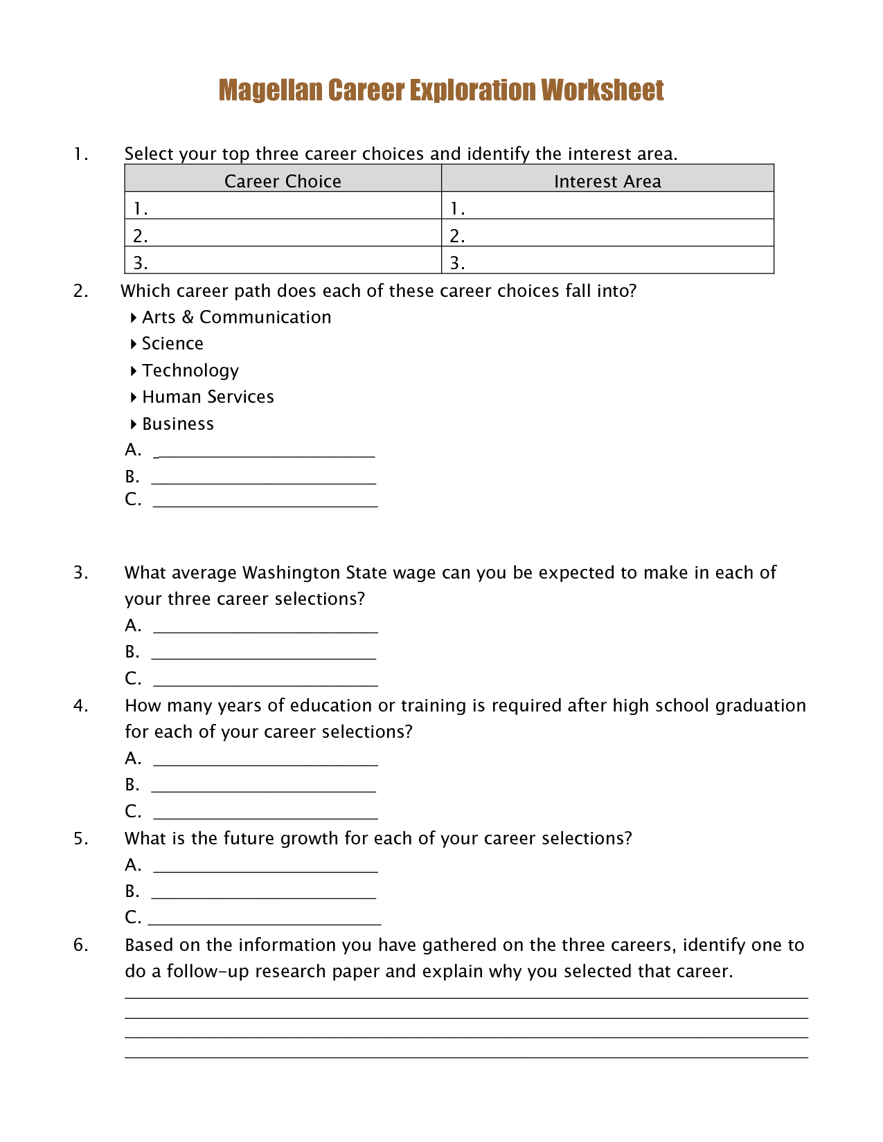Free Printable Career Worksheets For High School Students Pdf