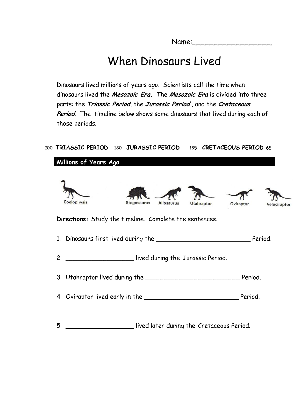 Dinosaur Timeline Worksheet