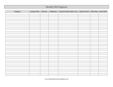 Free Monthly Bill Organizer Template