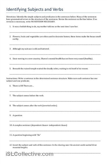 Identifying Subject and Verb Worksheets