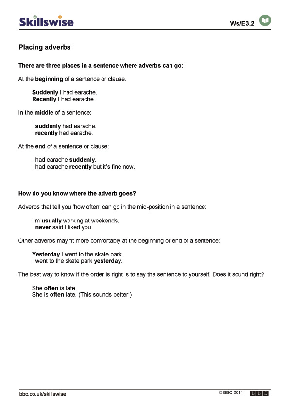 Positions and Adverbs Worksheets