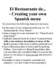 Spanish Restaurant Menu Worksheet