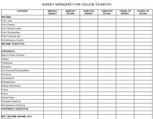 Money Budget Worksheet Students