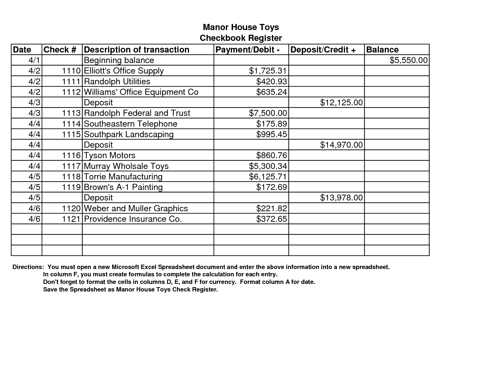 Sample Check Register Worksheet