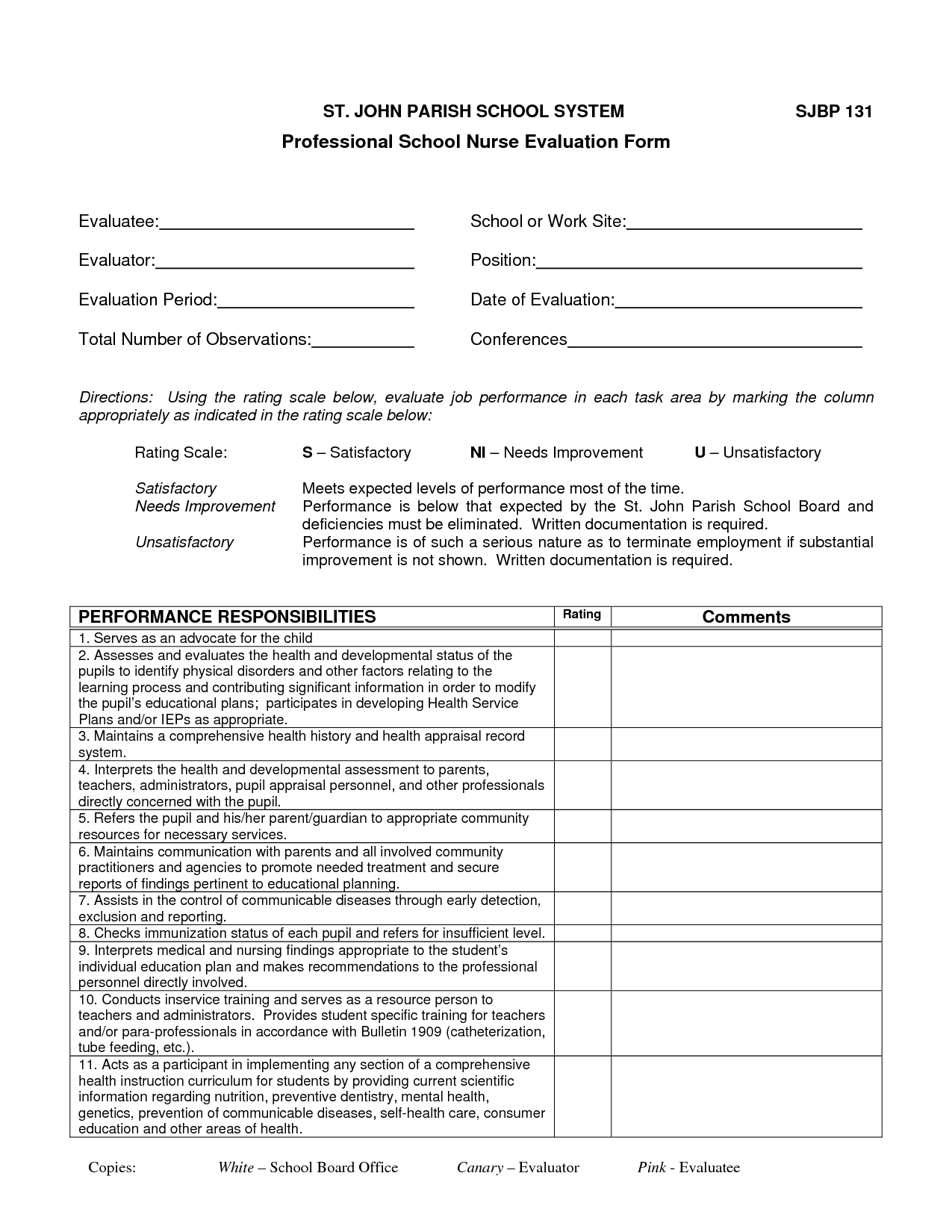 School Nurse Evaluation Forms