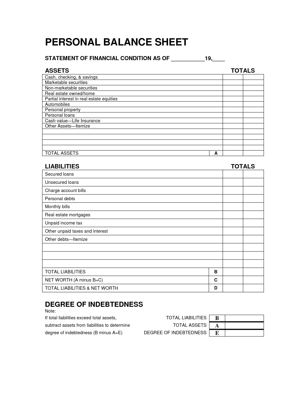 Free Personal Balance Sheet Form