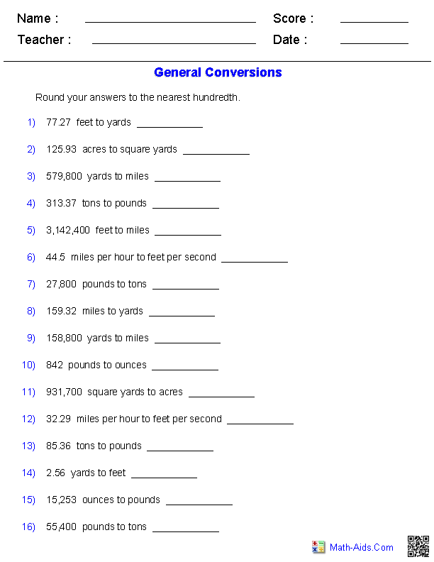 Math Conversion Worksheets and Answers