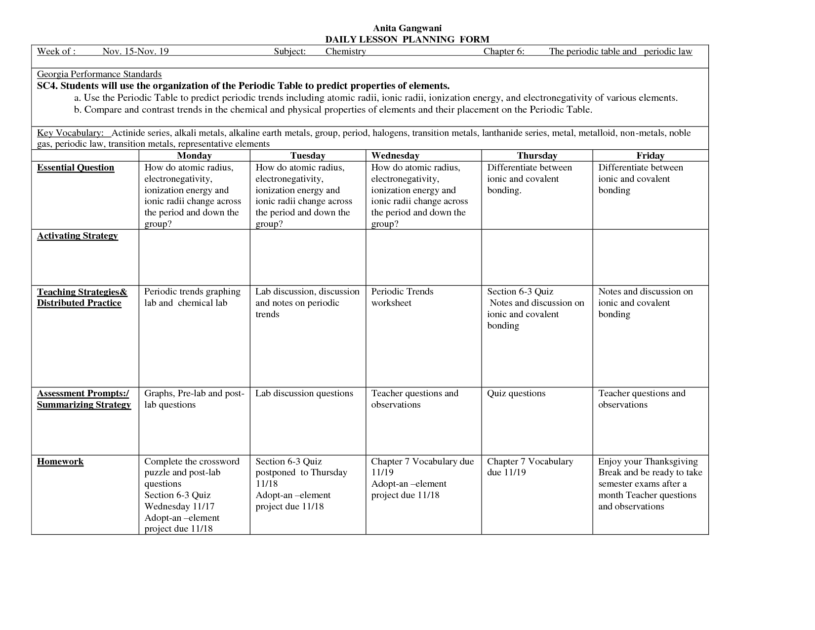 Periodic Table Trends Worksheet Answers