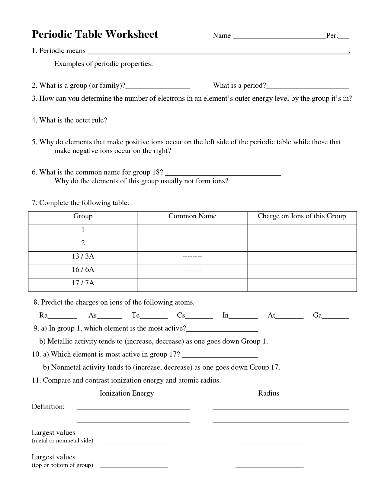 Periodic Table Worksheet Answers