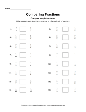 Comparing Fractions Worksheets