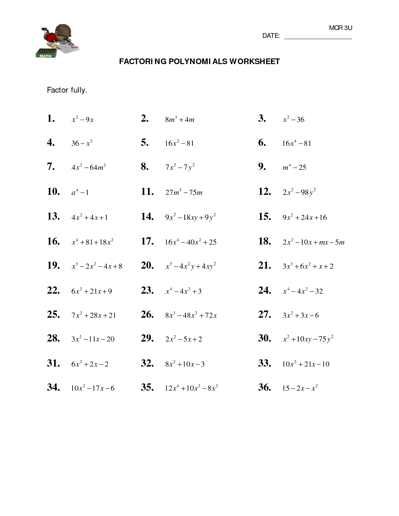Factoring Polynomials Worksheet With Answers Grade 10