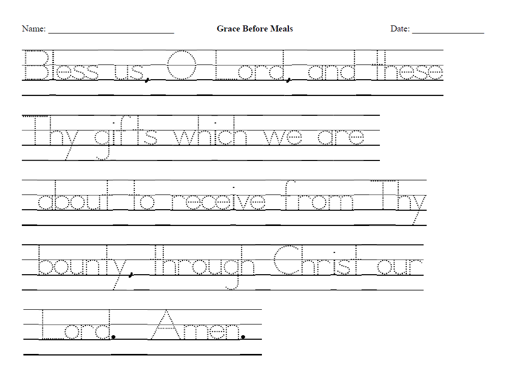 Grace Before Meals Prayer Worksheets