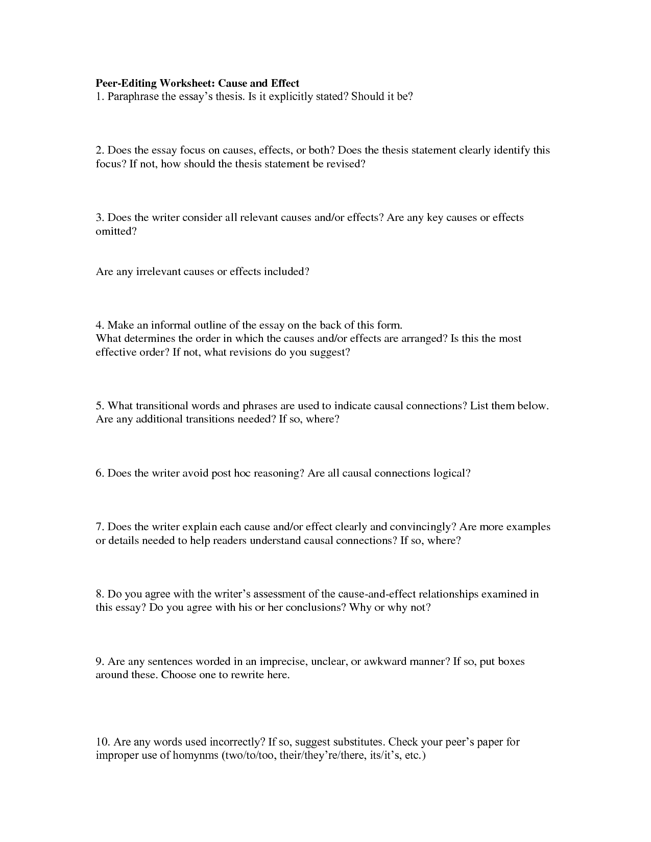 Peer Editing Worksheet for a Cause and Effect Essay