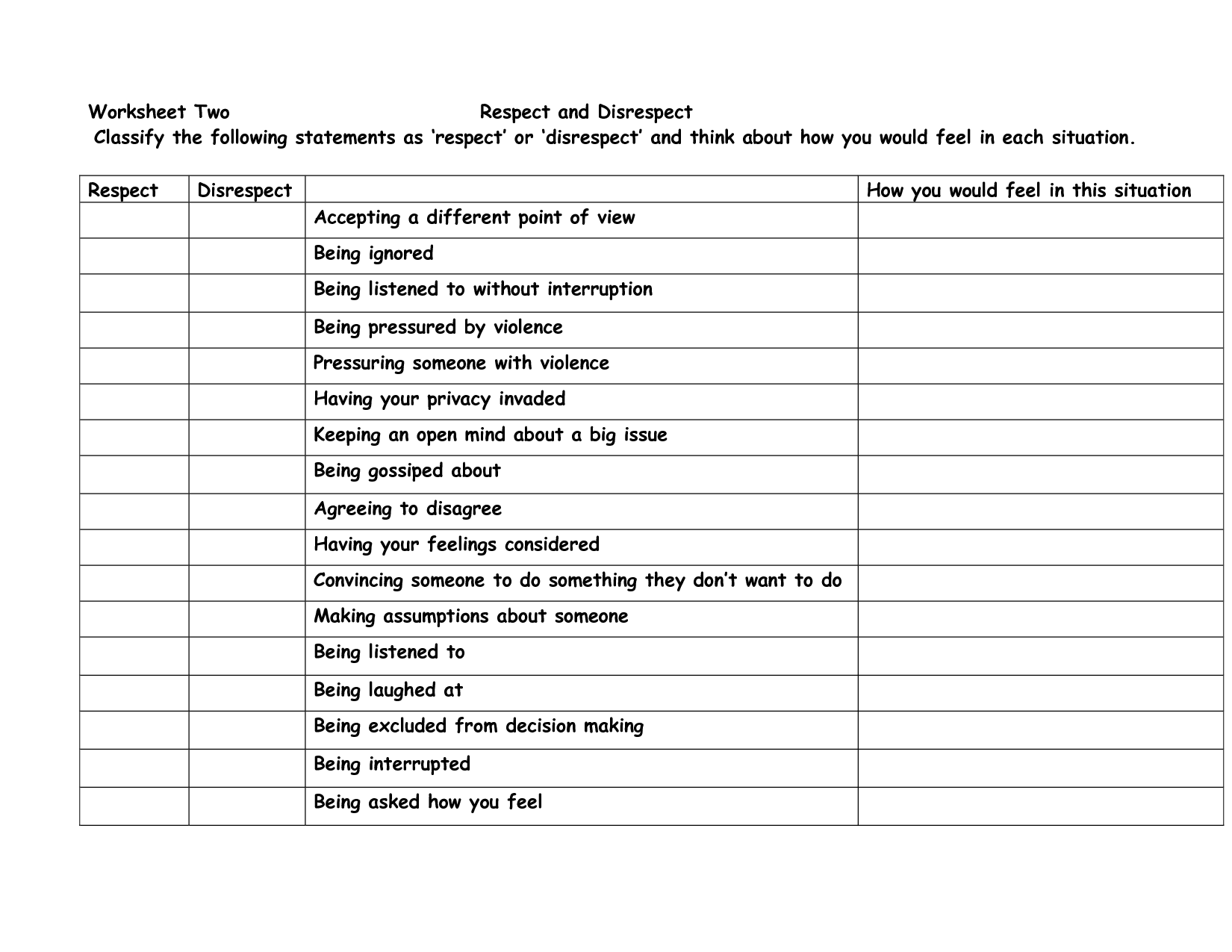 Respect Worksheets and Activities