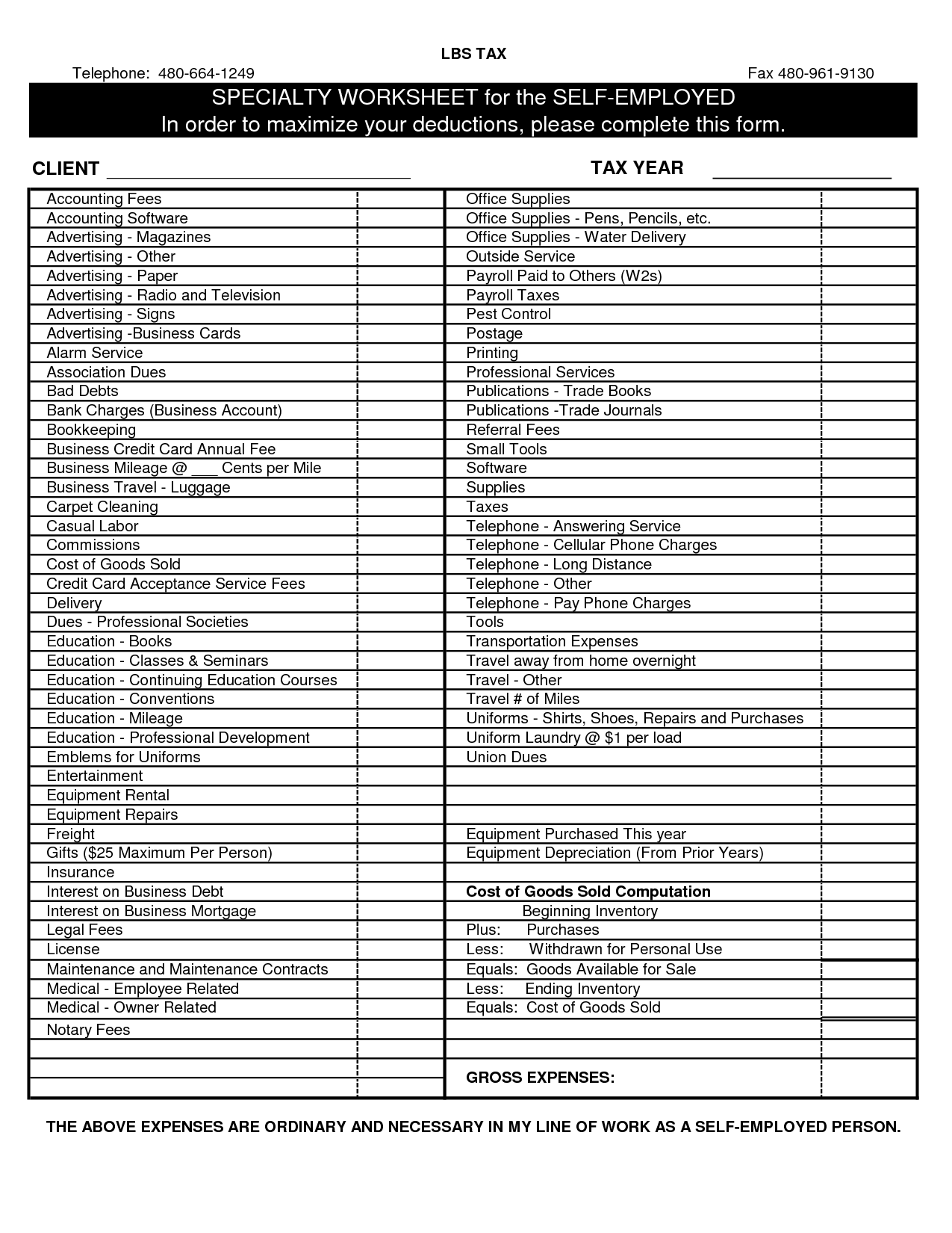 Small Business Tax Deduction Worksheet