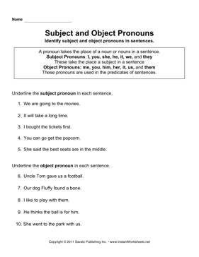 Subject Object Pronouns Worksheet